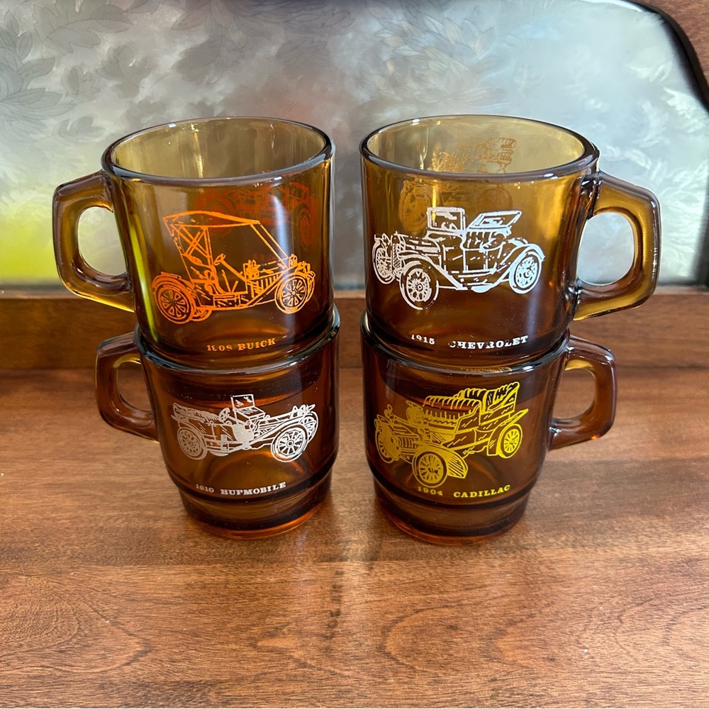 Vintage Anchor Hocking Amber Mugs - Automobiles Buick Ford Chevrolet (4)